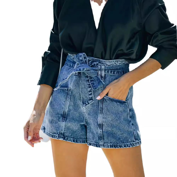 Dame jeans shorts med høj talje og bælte