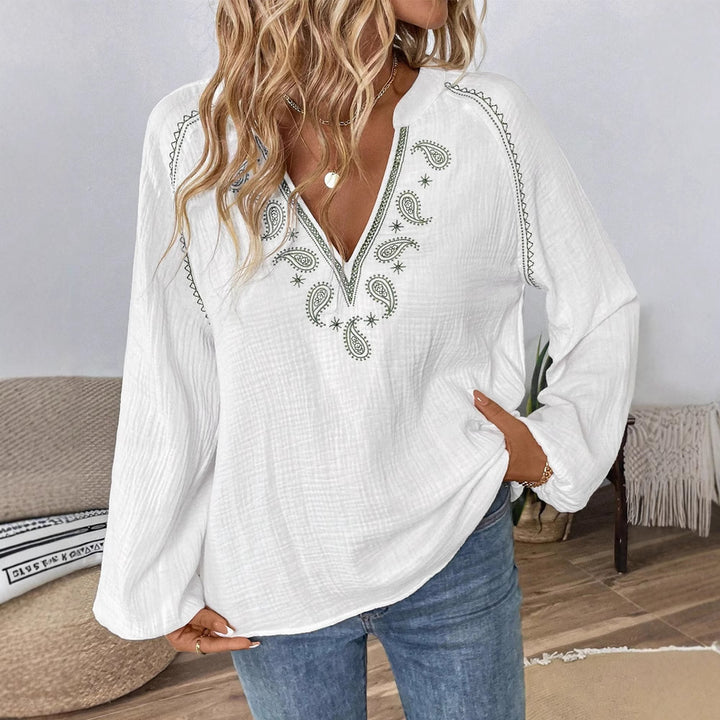 Damebluse med folkloristiske broderier og brede ærmer Stilla