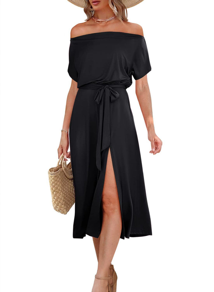 Dame Off-Shoulder Maxikjole med bælte og sidelæg Stilla
