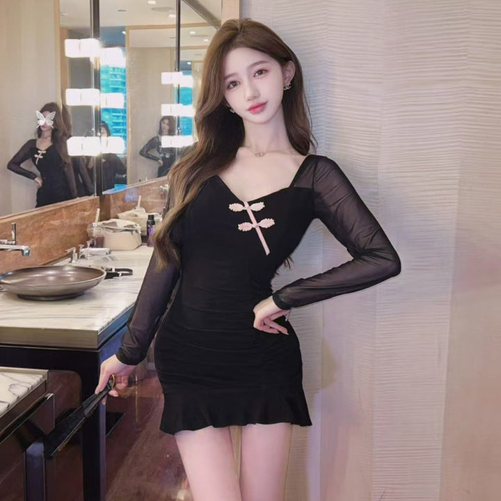 Stilla | Sexy Mesh Langærmet Bomulds Bodycon Kjole