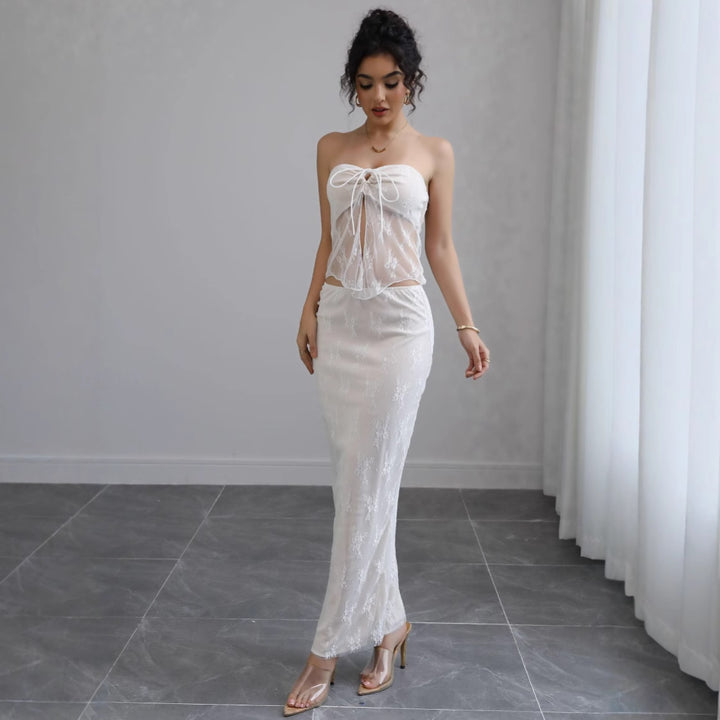 Kvinders Off-Shoulder Maxi Kjole med Fint Blonde og Elegant Taljebånd