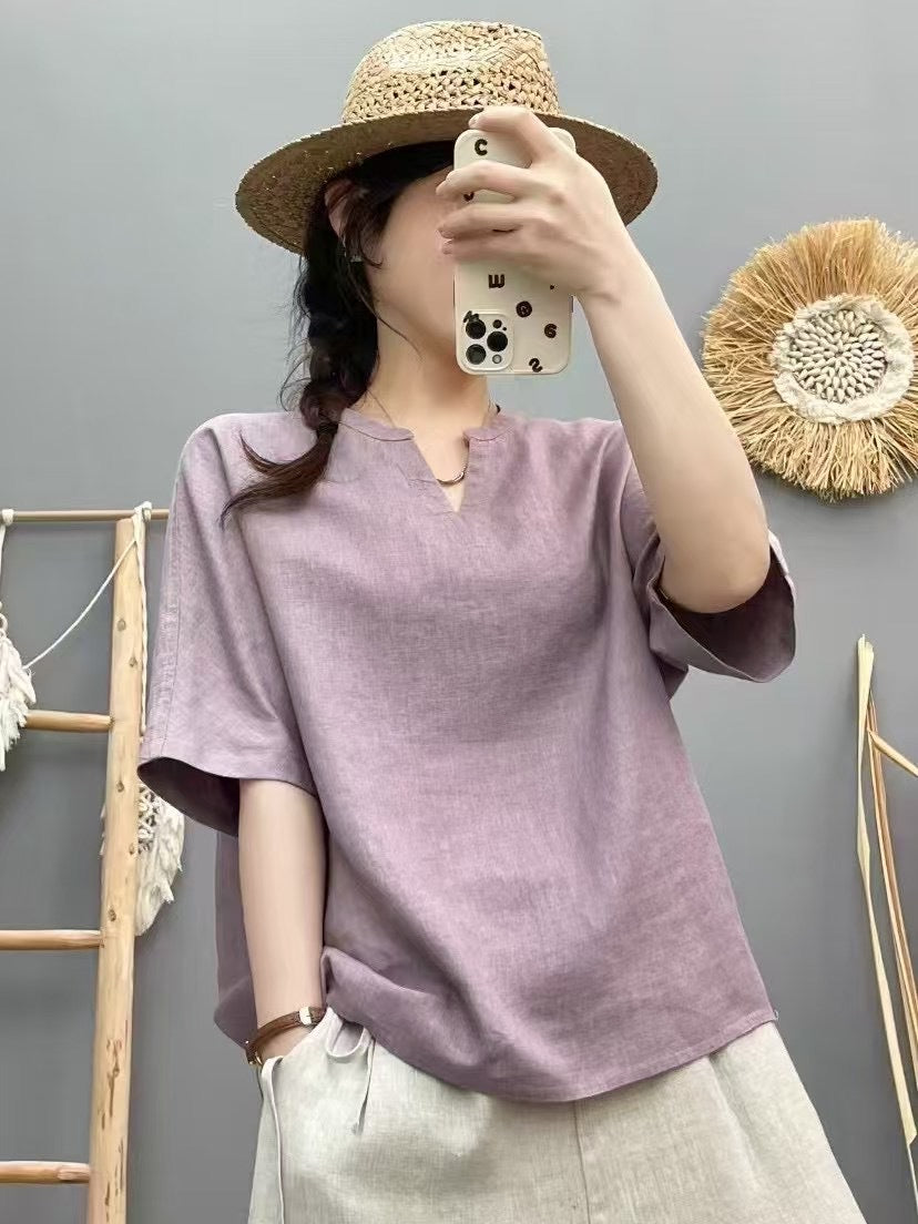 Femme Let V-Udskæring Linned Top Stilla