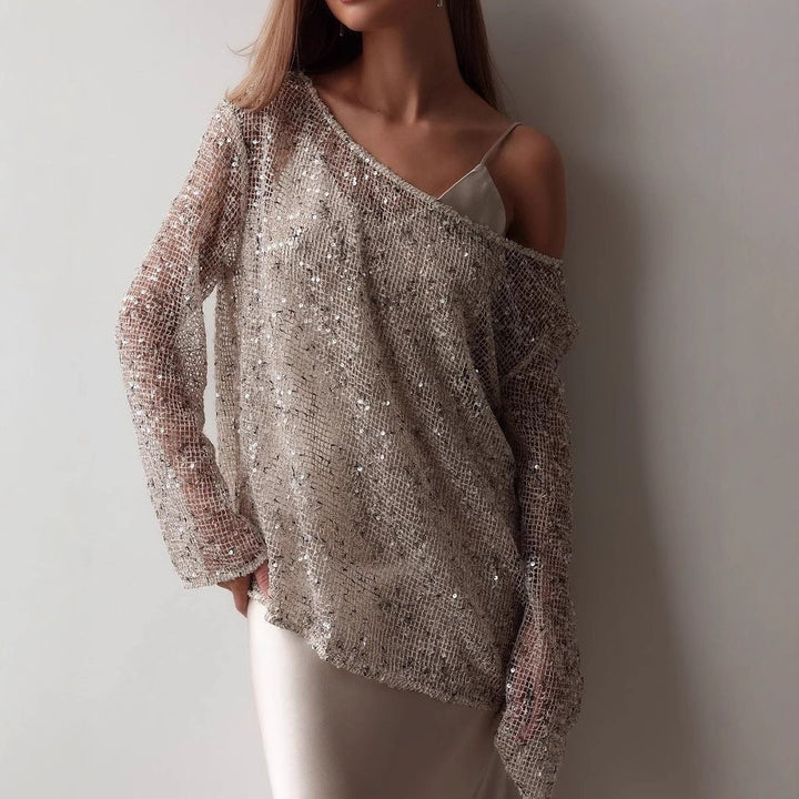 Dame Funklende Aftenbluse med asymmetrisk Snit Stilla