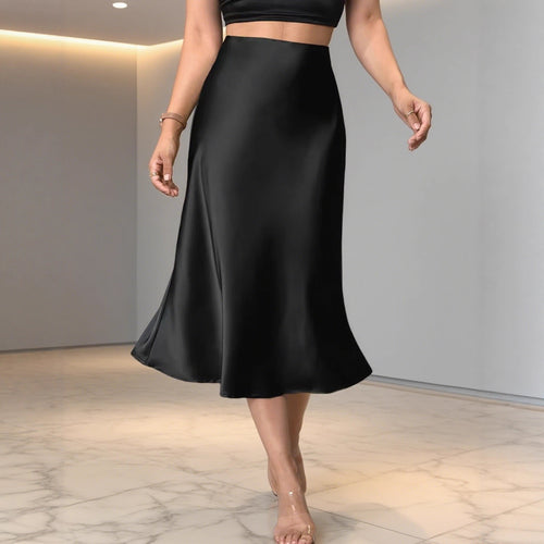 Dame Elegant Satin-Midi-nederdel med høj skæring og flydende fald Skovae