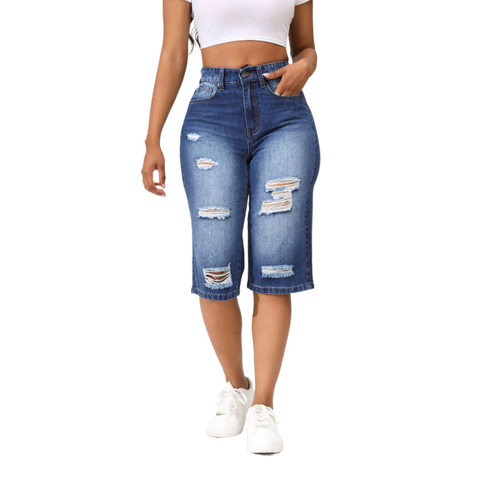 Dame Ripped Denim Bermuda-Shorts med høj talje og afslappet snit Stilla