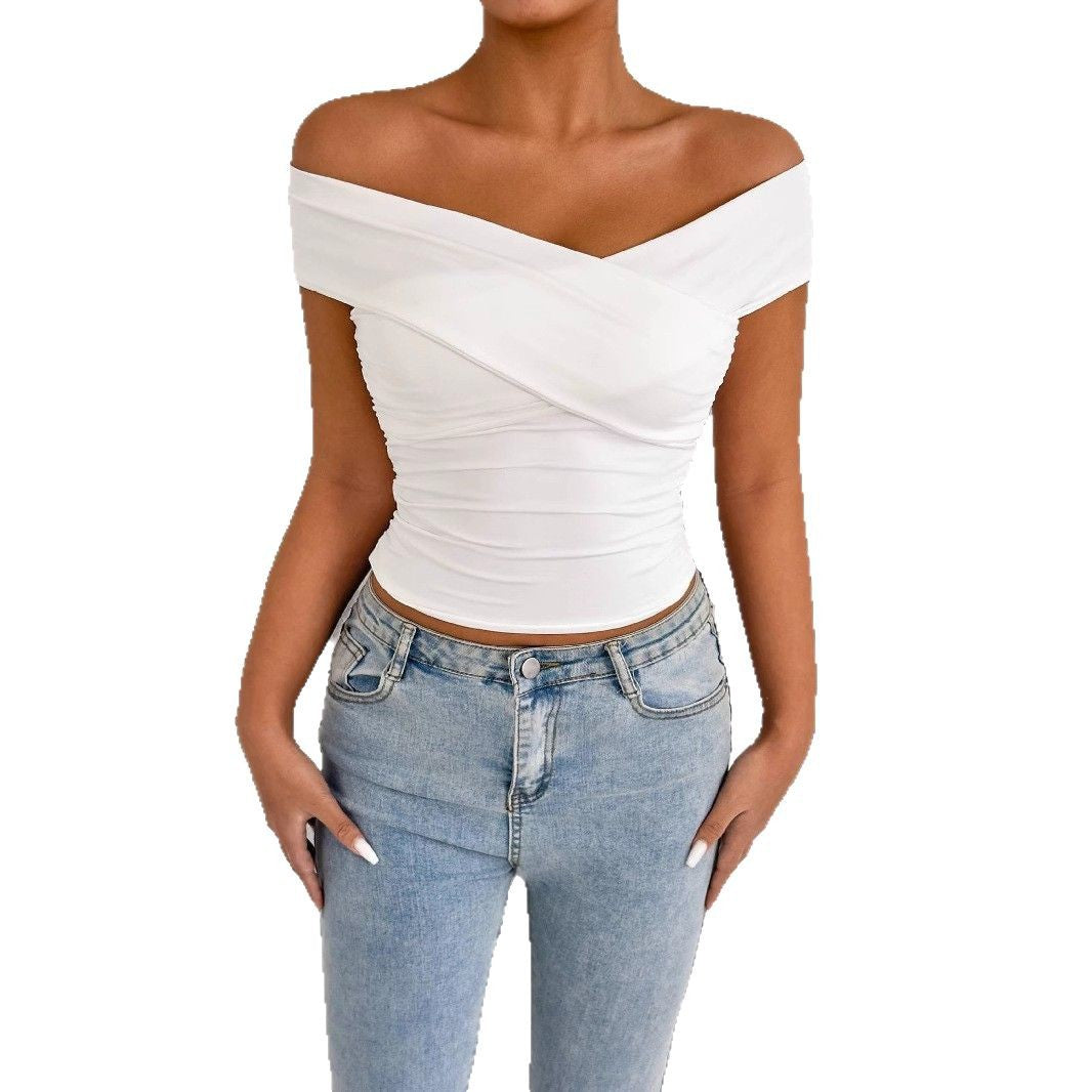 Dame skulderfri top med elegant drapering Skovae