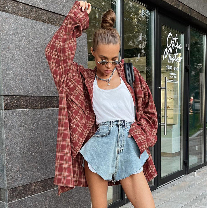 Dame Oversized Checkbluse i afslappet snit med kvalitetsmaterialer Stilla