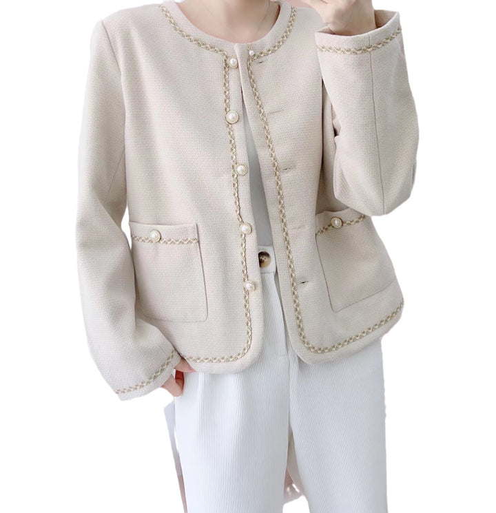 Dame elegant Boucle-jakke med perleknapdetaljer og praktiske lommer Stilla