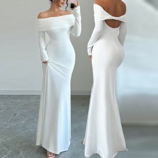 Damer Elegant Off-Shoulder Maxikjole med tætsiddende snit og lange ærmer Skovae