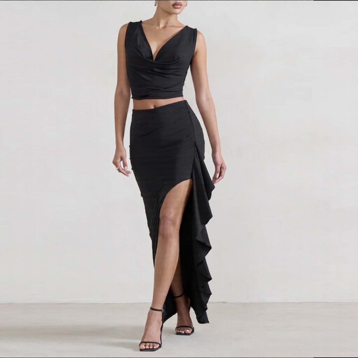 Dame Elegant Crop-Top og Maxi-Nederdel Sæt med høj slids Skovae