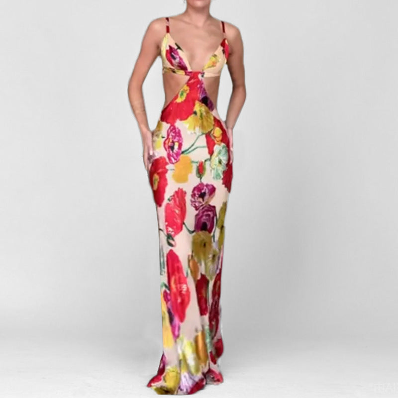 Dame Maxikjole med floralt cut-out-design og spaghettistropper Stilla