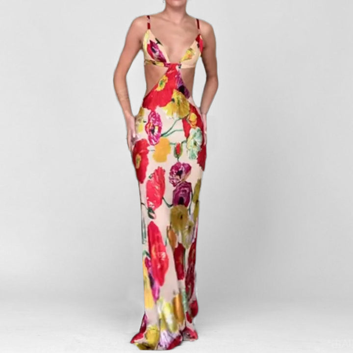 Dame Maxikjole med floralt cut-out-design og spaghettistropper Stilla