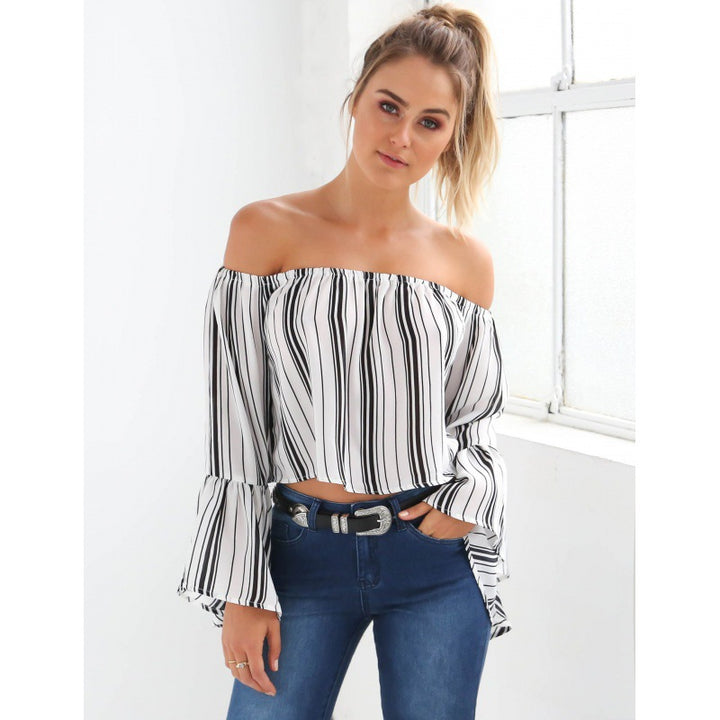 Kvinder Off-Shoulder Bluse med Voluminøse Ærmer og Stribet Design Stilla