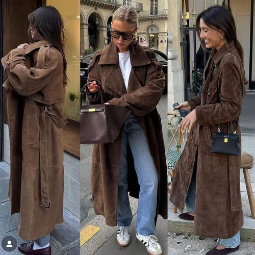 Kvinders elegante ruskinds trench coat med praktiske lommer og talje bælte Stilla
