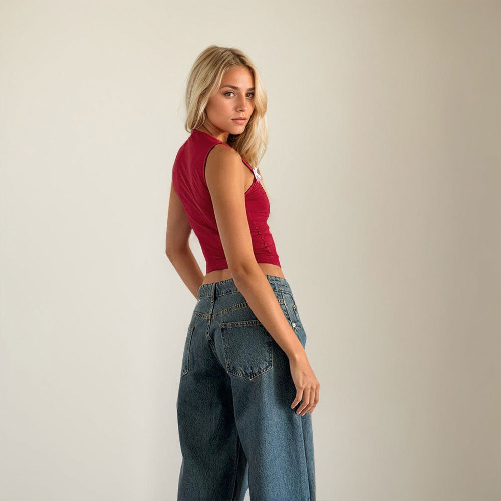 Kvinders crop top med justerbare spaghetti stropper og legende sløjfer Stilla