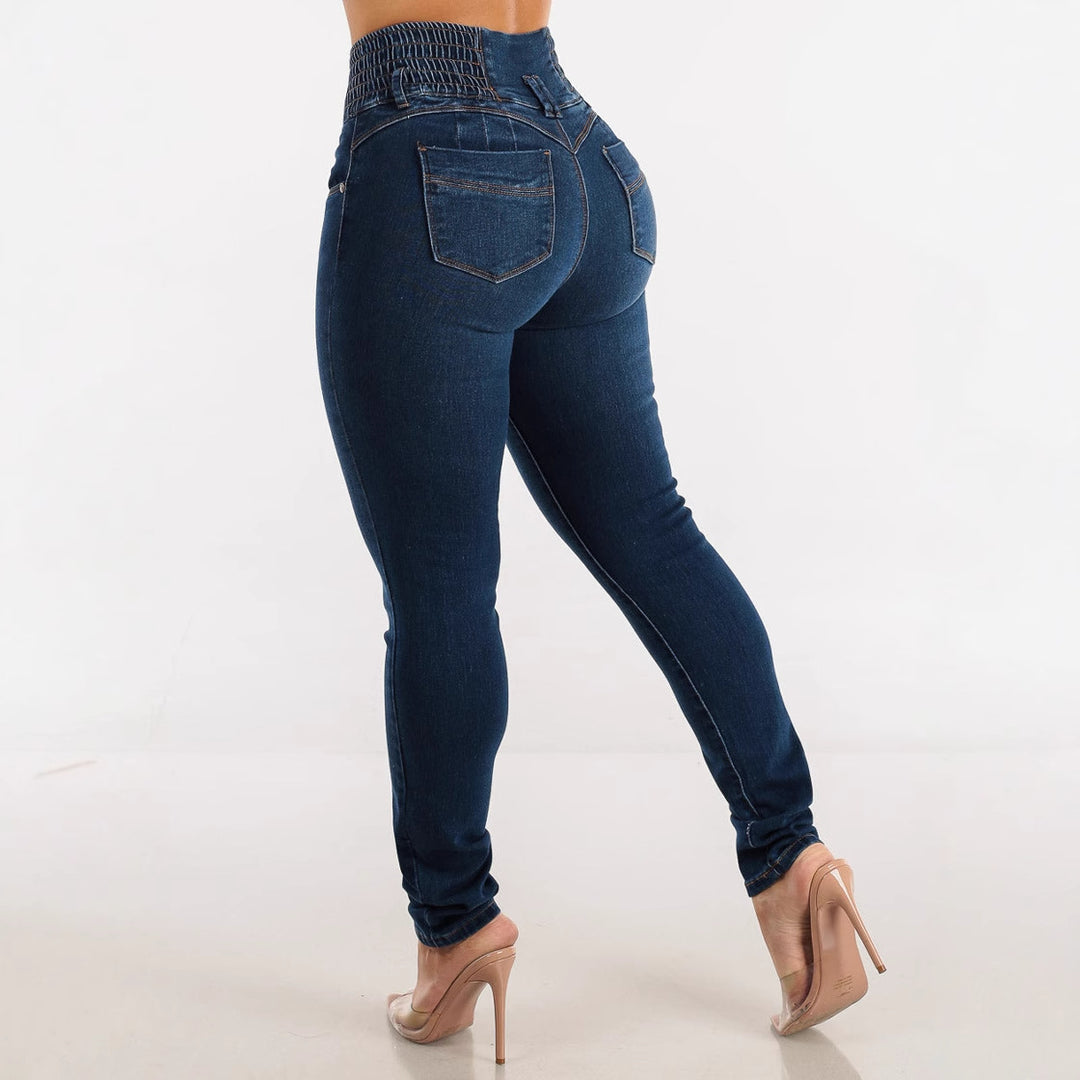 Dame Højtaljede Skinny Jeans med elastisk talje og knapdetaljer Stilla