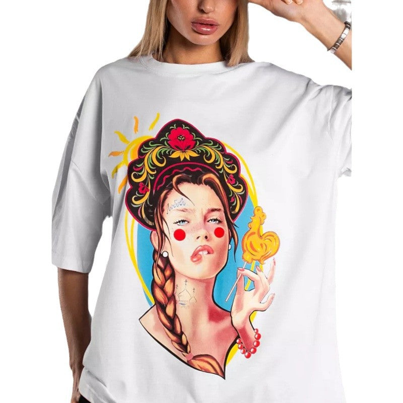 Dame T-shirt med kunstnerisk tryk og afslappet oversized skæring Stilla