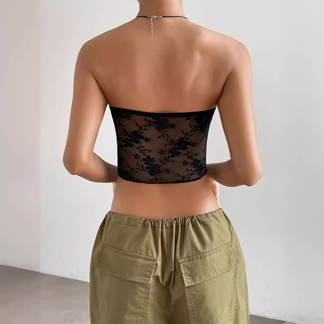 Dame gennemsigtig Crop-Top med florale detaljer Skovae