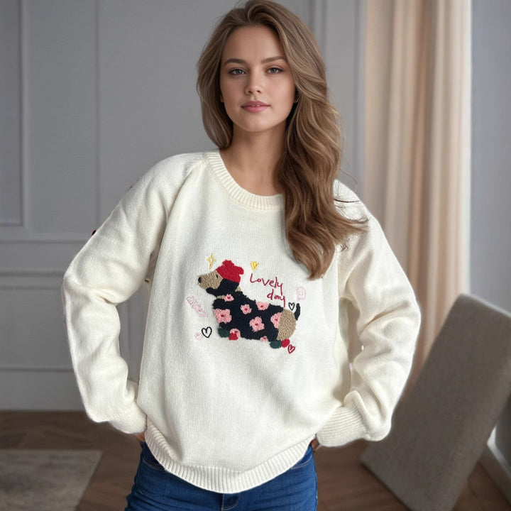 Kvindernes legesyge sweatshirt med unikt dyremotiv og blomsterbroderi Stilla