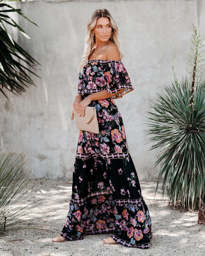Dame Off-Shoulder Maxikjole med blomsterprint og voluminøse ærmer Stilla