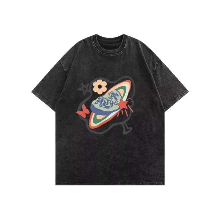 Dame T-shirt med kreativt planetmotiv og afslappet snit Stilla