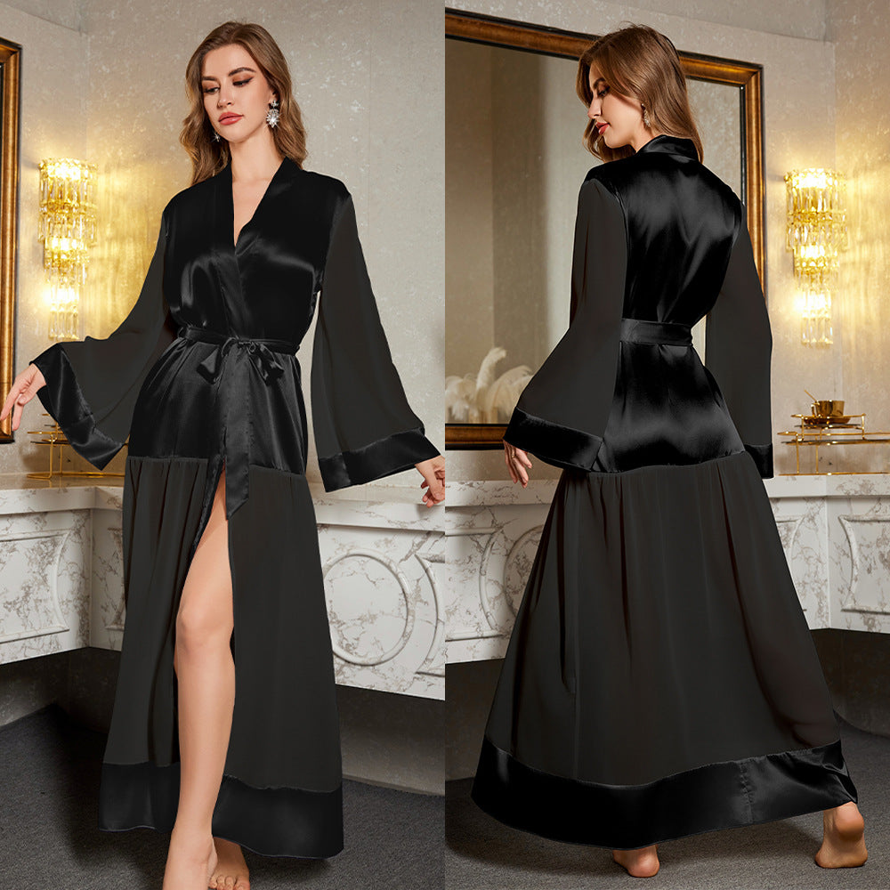 Dame Satin-Kimono-Ikon med elegant taljebælte og flydende snit Stilla
