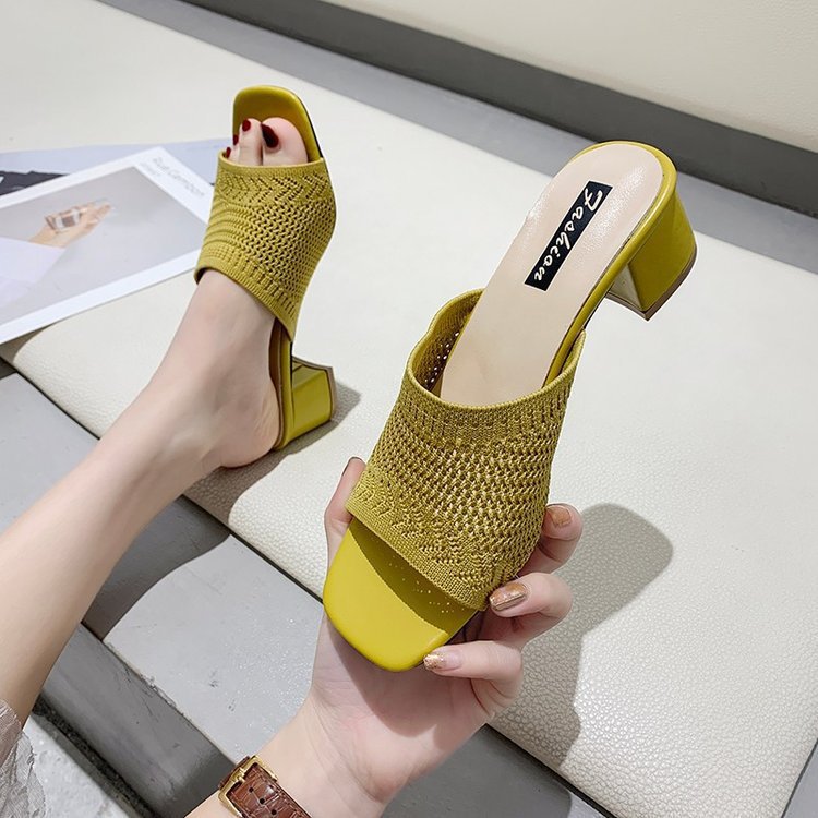Dame nan luftige strik-sandaler med firkantet tåparti og bred blokhæl Skovae