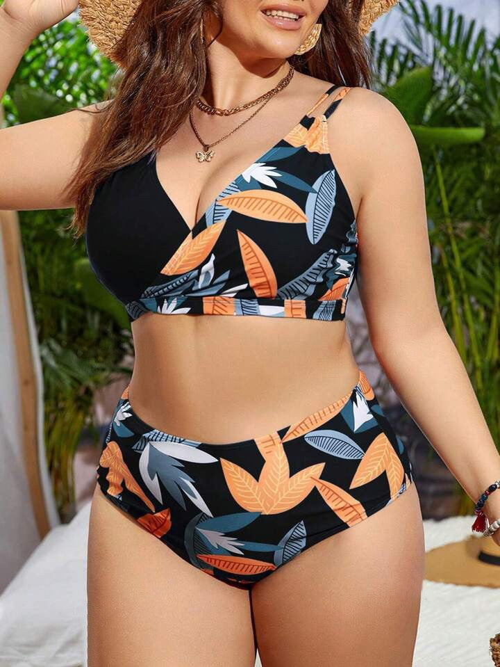 Damer Højskåret Bikini med Vikledesign og blomster mønster Skovae