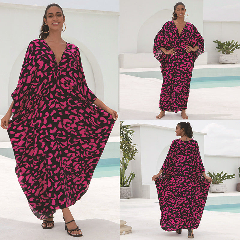 Dame Kaftan Kjole med elegant V-hals og vidt svajende ærmer Stilla