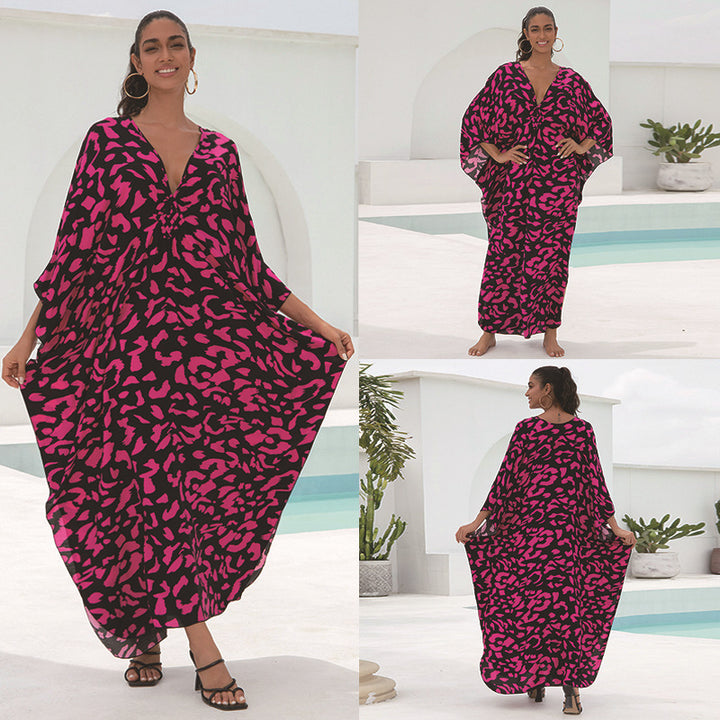 Dame Kaftan Kjole med elegant V-hals og vidt svajende ærmer Stilla