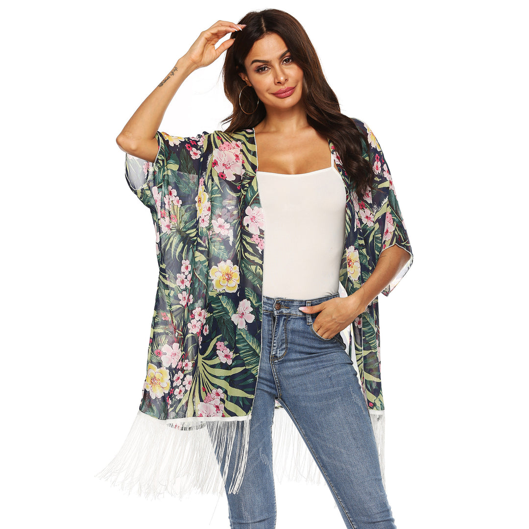 Dame elegant Strandkimono med frynset accenter og blomsterdesign Stilla
