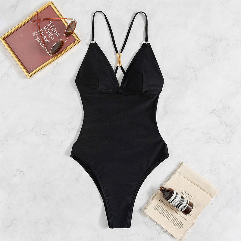 Damer Elegant One-Piece Badeanzug med gyldne detaljer Skovae
