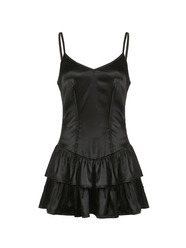 Dame elegant chiffon mini kjole med voluminøs flæse kant Stilla