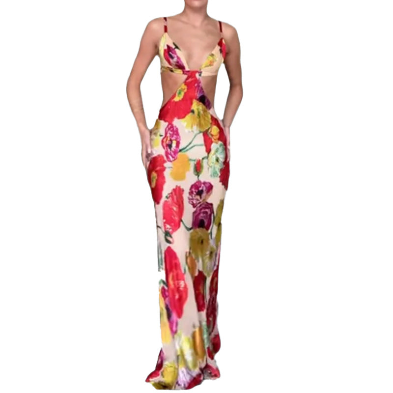 Dame Maxikjole med floralt cut-out-design og spaghettistropper Stilla