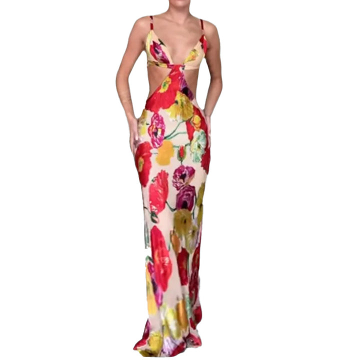 Dame Maxikjole med floralt cut-out-design og spaghettistropper Stilla