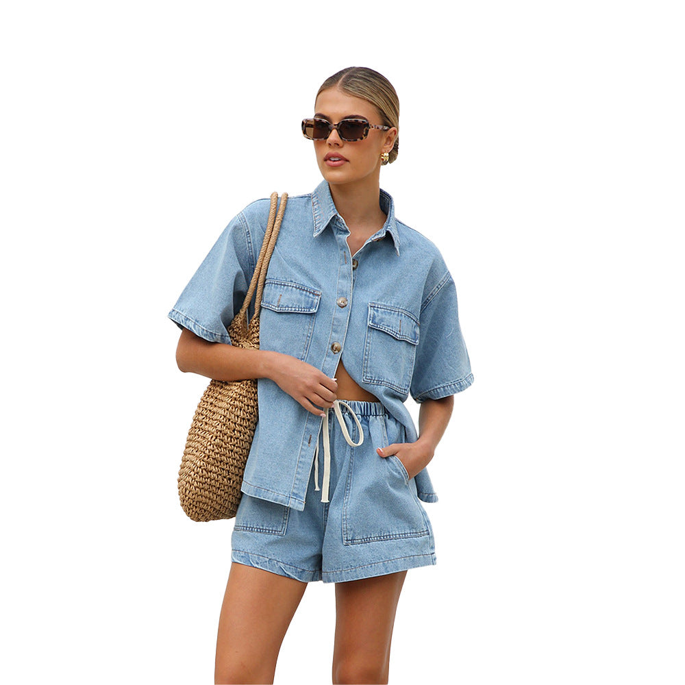 Dame Denim-Casual Sæt med kort top og shorts Stilla