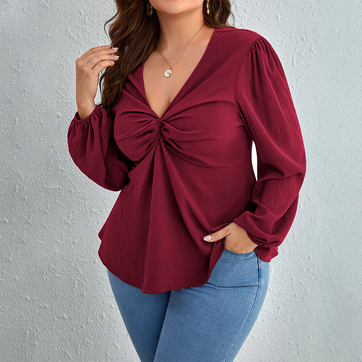 Dame elegant top med V-udskæring og rynket design Stilla