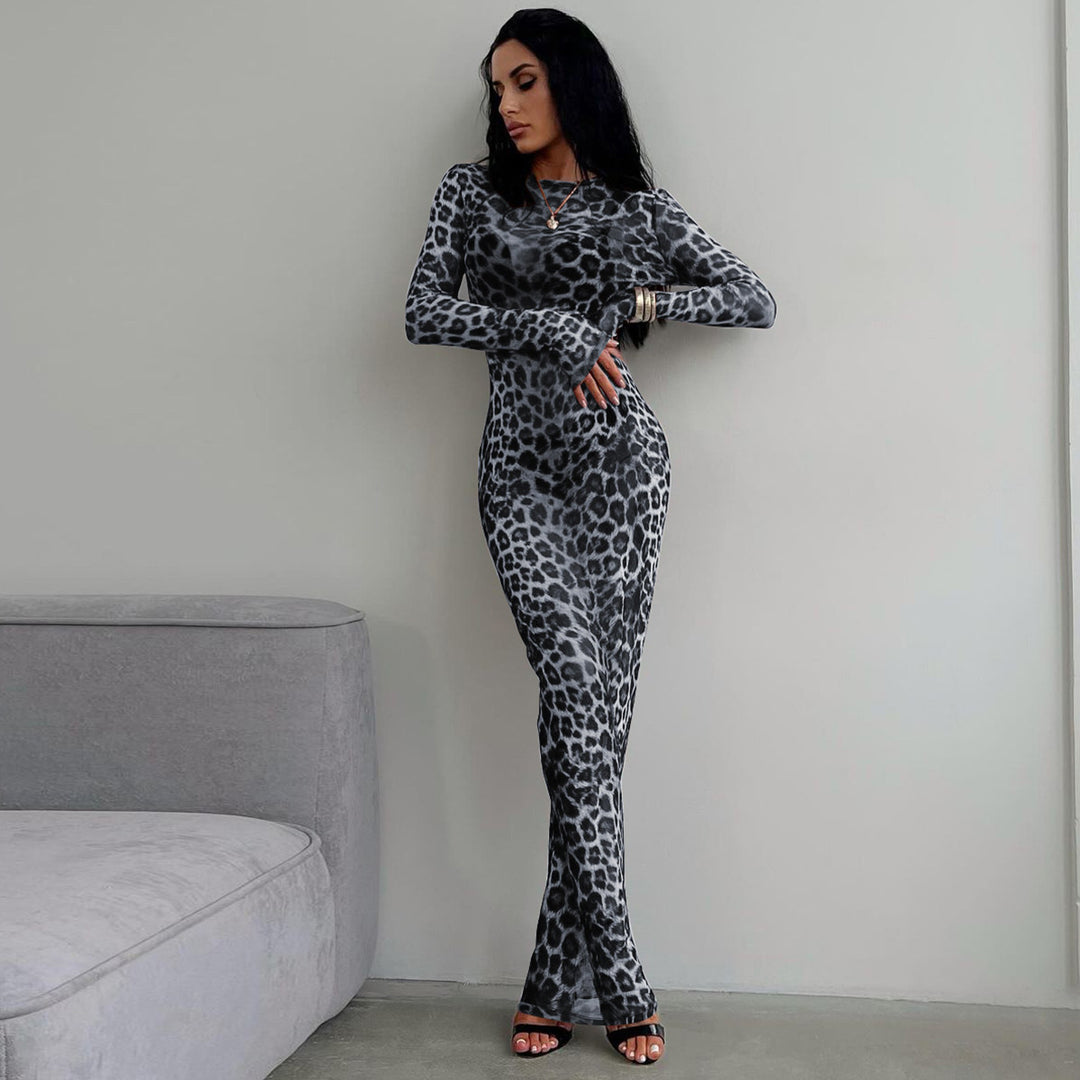 Damer Langt Leopardmønster Kjole med tætsiddende snit og elegante detaljer Stilla