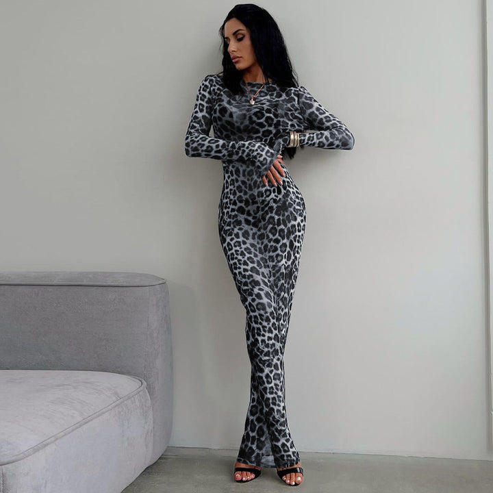 Damer Langt Leopardmønster Kjole med tætsiddende snit og elegante detaljer Stilla
