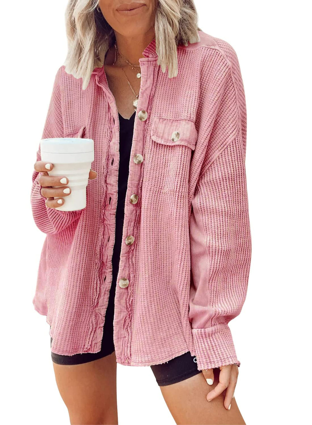 Dame Oversized Vaffel-Shirtjakke med knaplukning og praktiske lommer Stilla