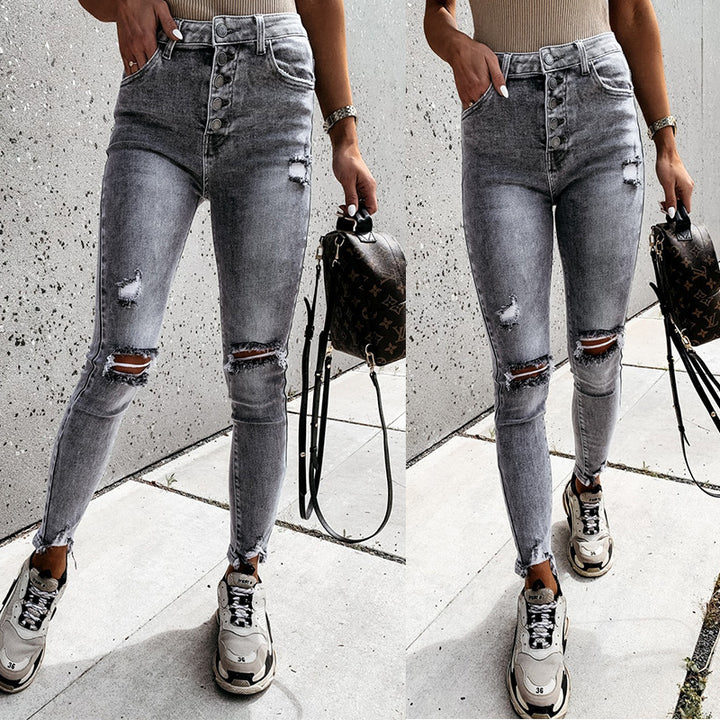 Dame Skinny Jeans med strategiske Ripped-detaljer og høj talje Stilla