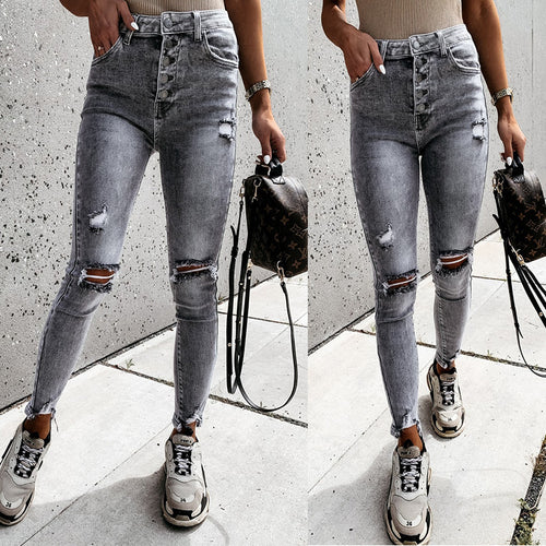 Dame Skinny Jeans med strategiske Ripped-detaljer og høj talje Stilla