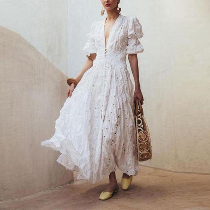 Dame Elegant Maxikjole med feminine Puffærmer og legende Plissering Stilla