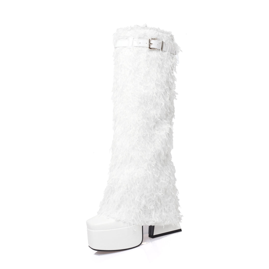 Femme Chunky Platform Over-Knee Støvler med Kunstpels Tekstur Design Stilla