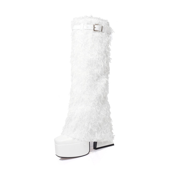 Femme Chunky Platform Over-Knee Støvler med Kunstpels Tekstur Design Stilla
