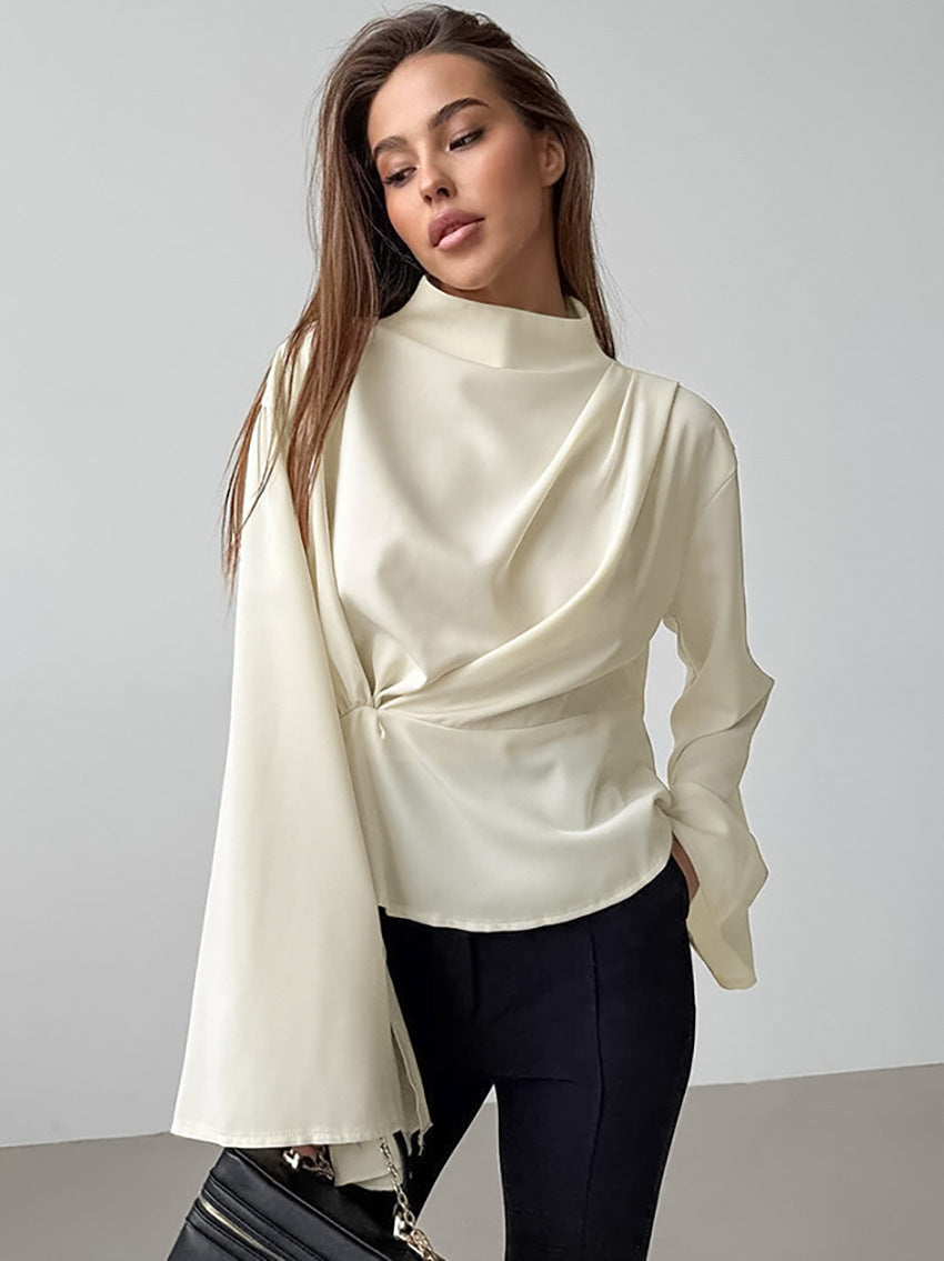 Dame Elegant Ståkrave Top med smart Drapering og bred Snit Stilla