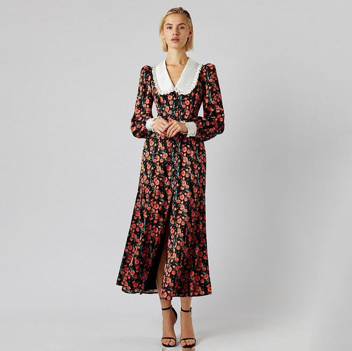 Dame Midi-kjole med blomsterprint og klassisk krave Stilla