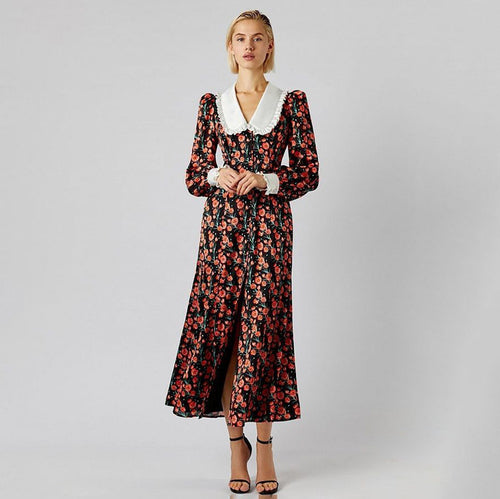 Dame Midi-kjole med blomsterprint og klassisk krave Stilla