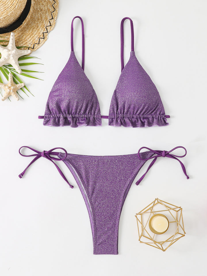 Dame Triangel-Bikini-Sæt med Flæsedetaljer og Glitrende Materiale Stilla