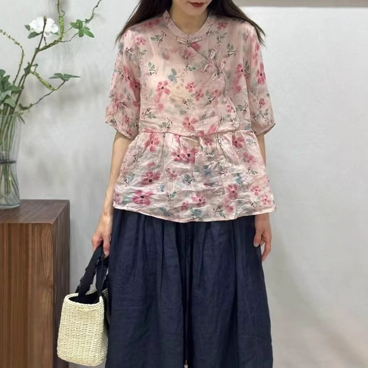 Femme Flydende Floral Print Bomuld Top Stilla